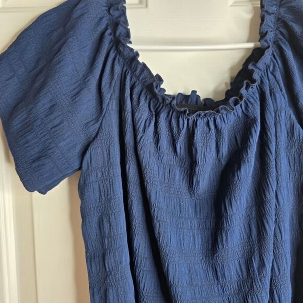 Navy Blue Textured Cotton Peasant Shirt with Ruffle Neckline and Balloon Sleeves - Picture 3 of 9